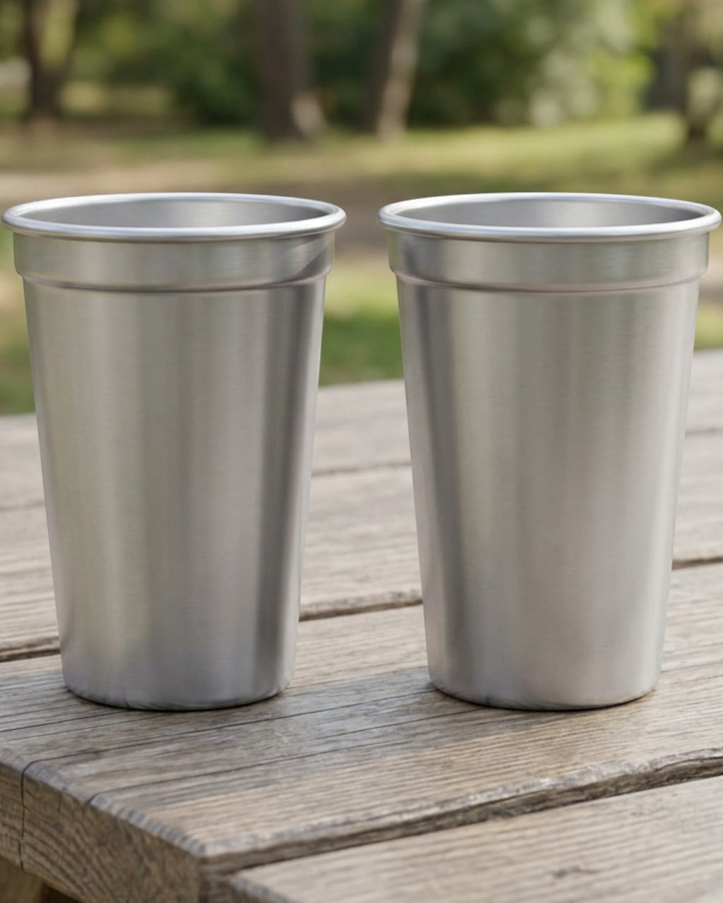 Munio Stackable Single-Wall Stainless Steel Beer Cup Pair 12 fl oz Satin Silver - Lifestyle view