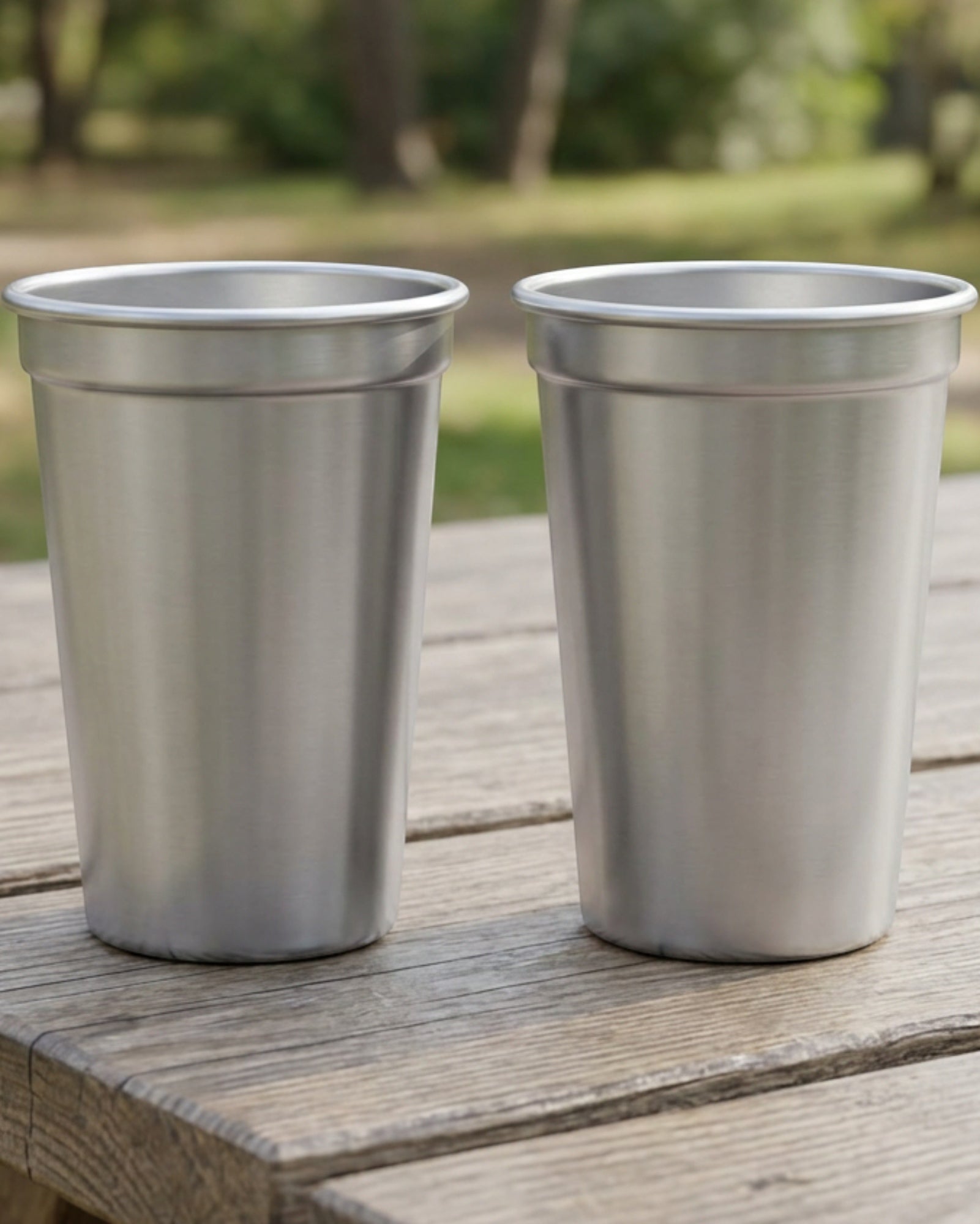 Munio Stackable Single-Wall Stainless Steel Beer Cup Pair 12 fl oz Satin Silver - Lifestyle view