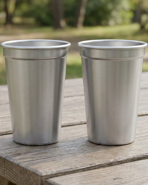 Munio Stackable Single-Wall Stainless Steel Beer Cup Pair 12 fl oz Satin Silver - Lifestyle view