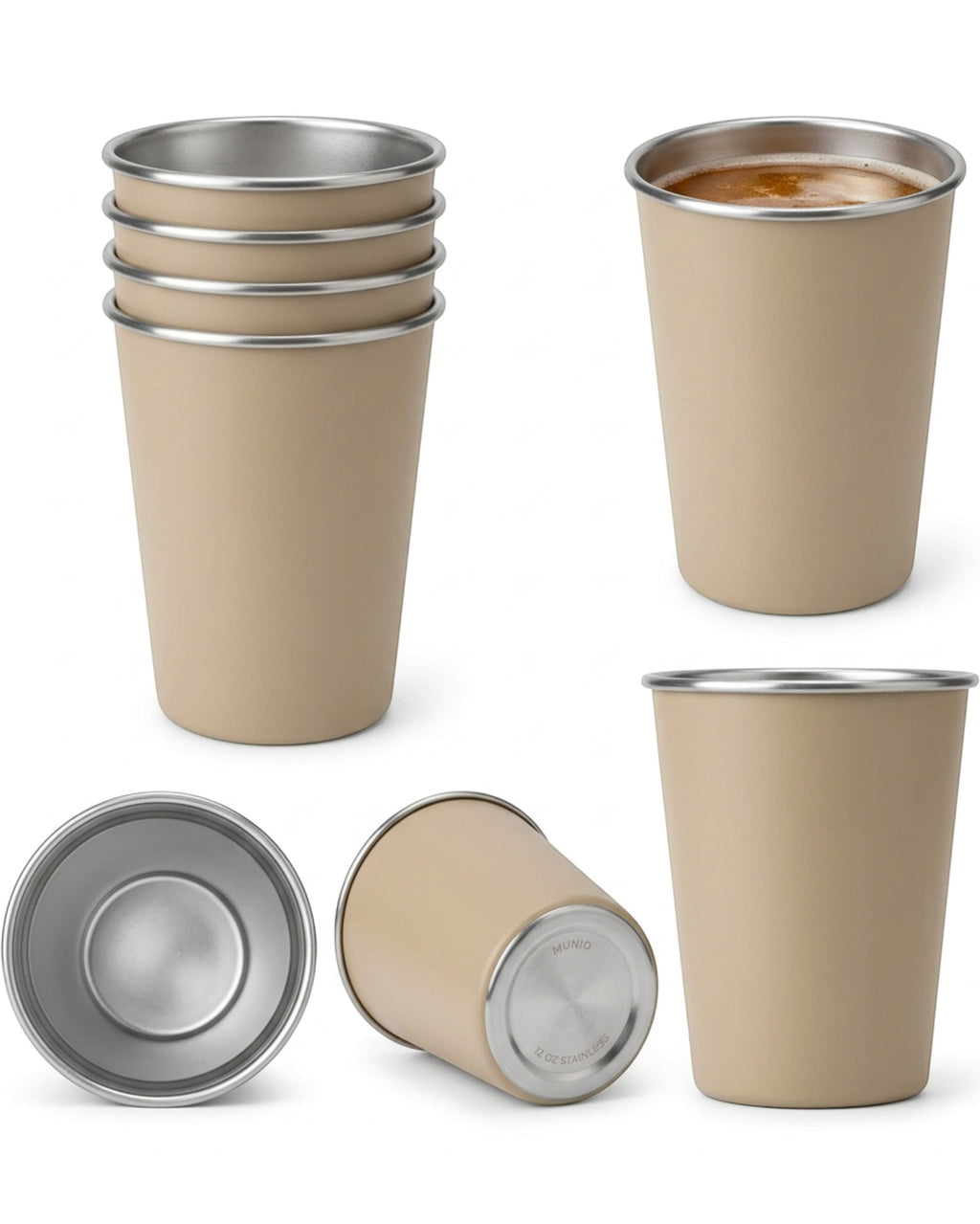 Munio Stackable Stainless Camp Beer Cups Sand 12 oz 6 Pack